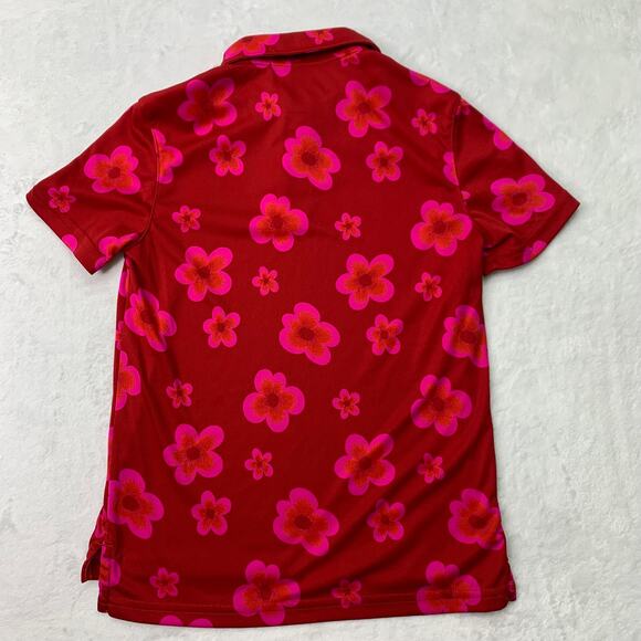 All In Motion Boys Sz 6/7 Small Polo Shirt Performance Red Pink Hibicus Floral - Picture 2 of 4